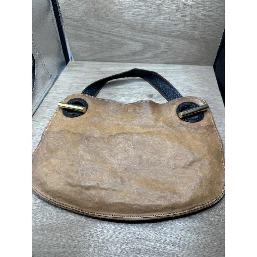 Devi Kroell Womens Brown Leather Handle Bag W/2 Tone Strap & Metal Bar $999 MSRP